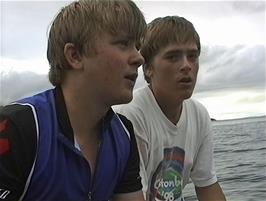 Gavin and Luke enjoy the ride as we cross Loch Broom from the Alltnaharrie Inn to Ullapool on Mother Goose